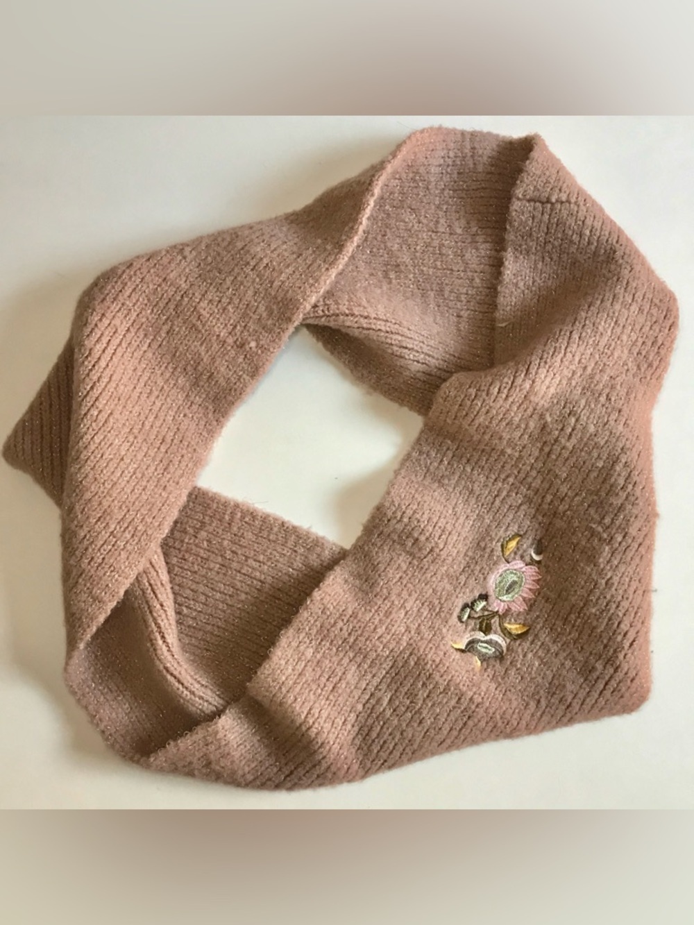 ZARA infinity knit scarf Tan with embroidery design One Size